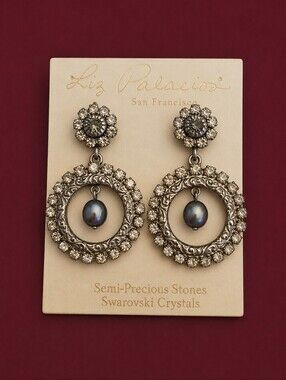 Vtg LIZ PALACIOS Swarovski Crystal Freshwater Pearl Circle Drop Post Earrings